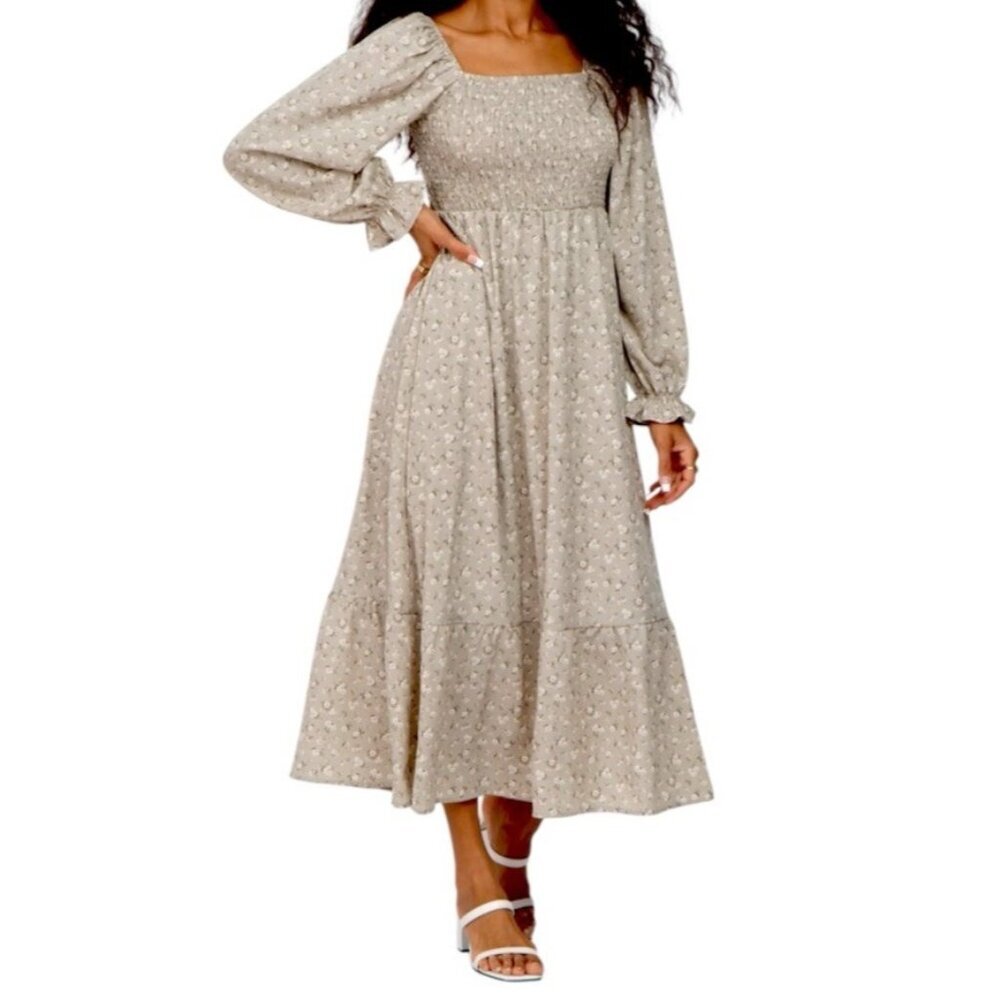 Flower & Feather Green Floral Long Puffed Sleeve Boho Cottegecore Dress Medium